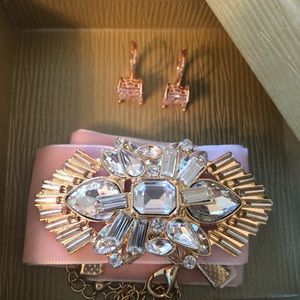 Rose Gold Brooch Choker W/Cubic Zirconia Earrings